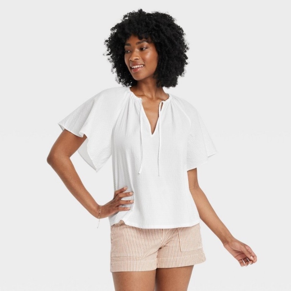 A New Day White Textured Short Sleeve Blouse Size XS
